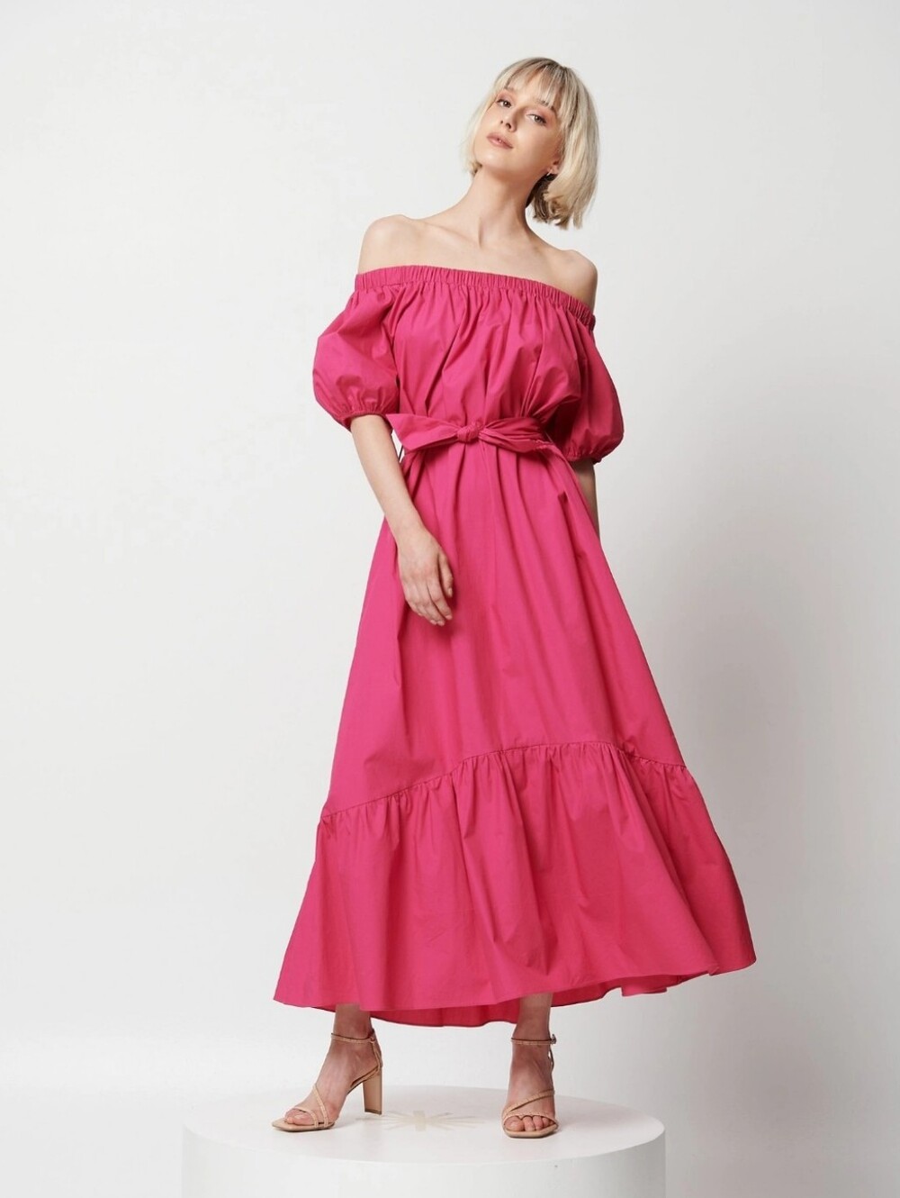 Elliatt ‘Lilith’ Off Shoulders Midi Pink Puff-Sleeve Belted Dress Size Small